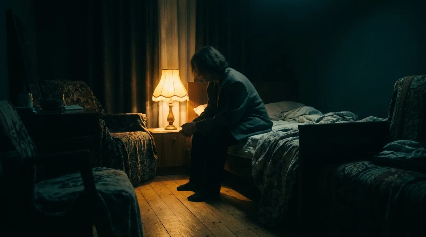 A person sitting alone on the edge of a bed at night, lit by a single lamp