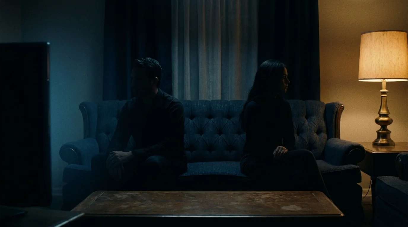 Two silhouettes sitting apart on a sofa at night, conveying emotional distance
