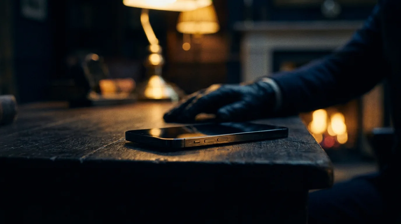 A smartphone lying face-down on a dark table in low light, suggesting phone secrecy