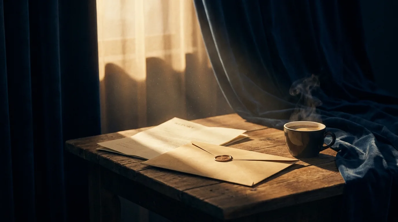 Morning light over a sealed report envelope and coffee, conveying clarity and resolution