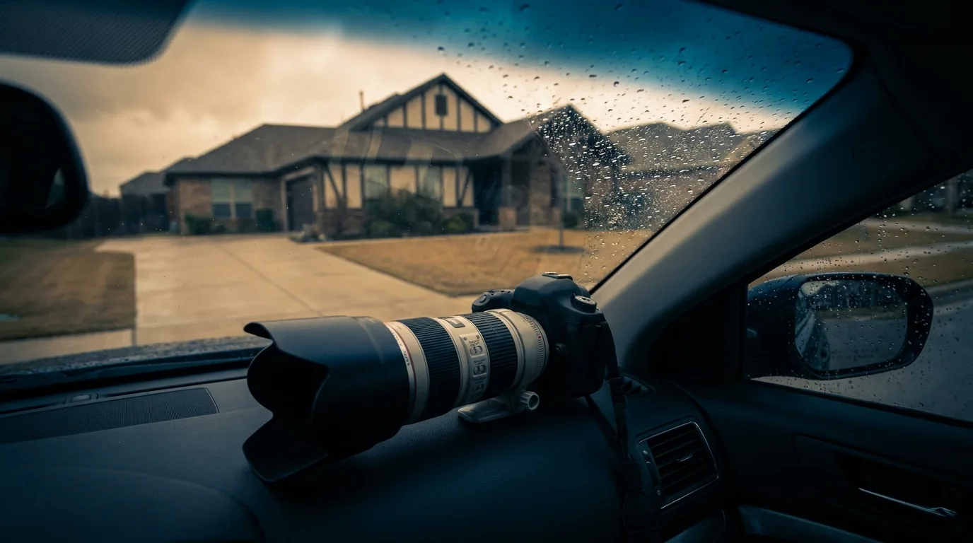 View through a parked car window toward a suburban house with a long-lens camera on the dashboard, representing discreet lawful insurance surveillance