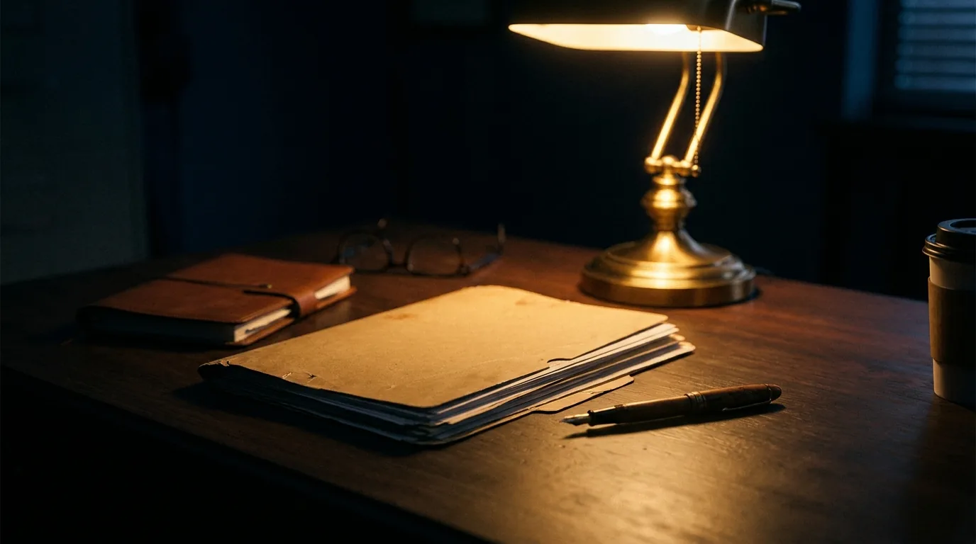 A dark desk with an insurance claim folder, notepad and pen at the intake of a claim investigation