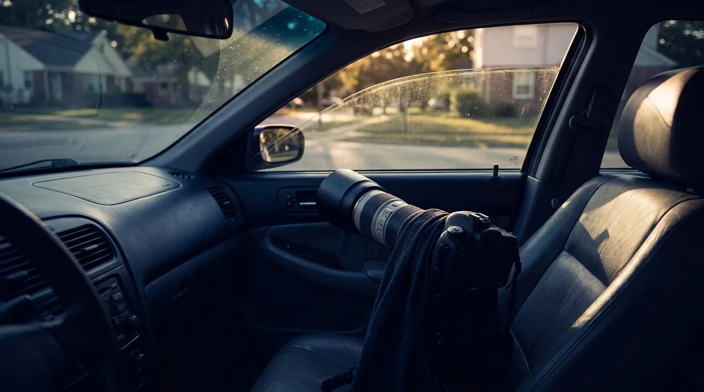 A telephoto camera on a car seat pointed toward a suburban street, representing discreet lawful surveillance