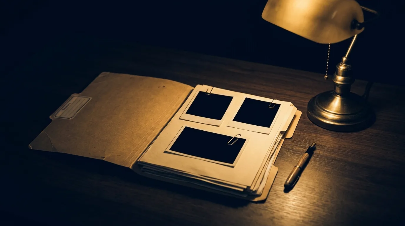 A surveillance report in a folder with photo prints paperclipped, representing court-ready documentation