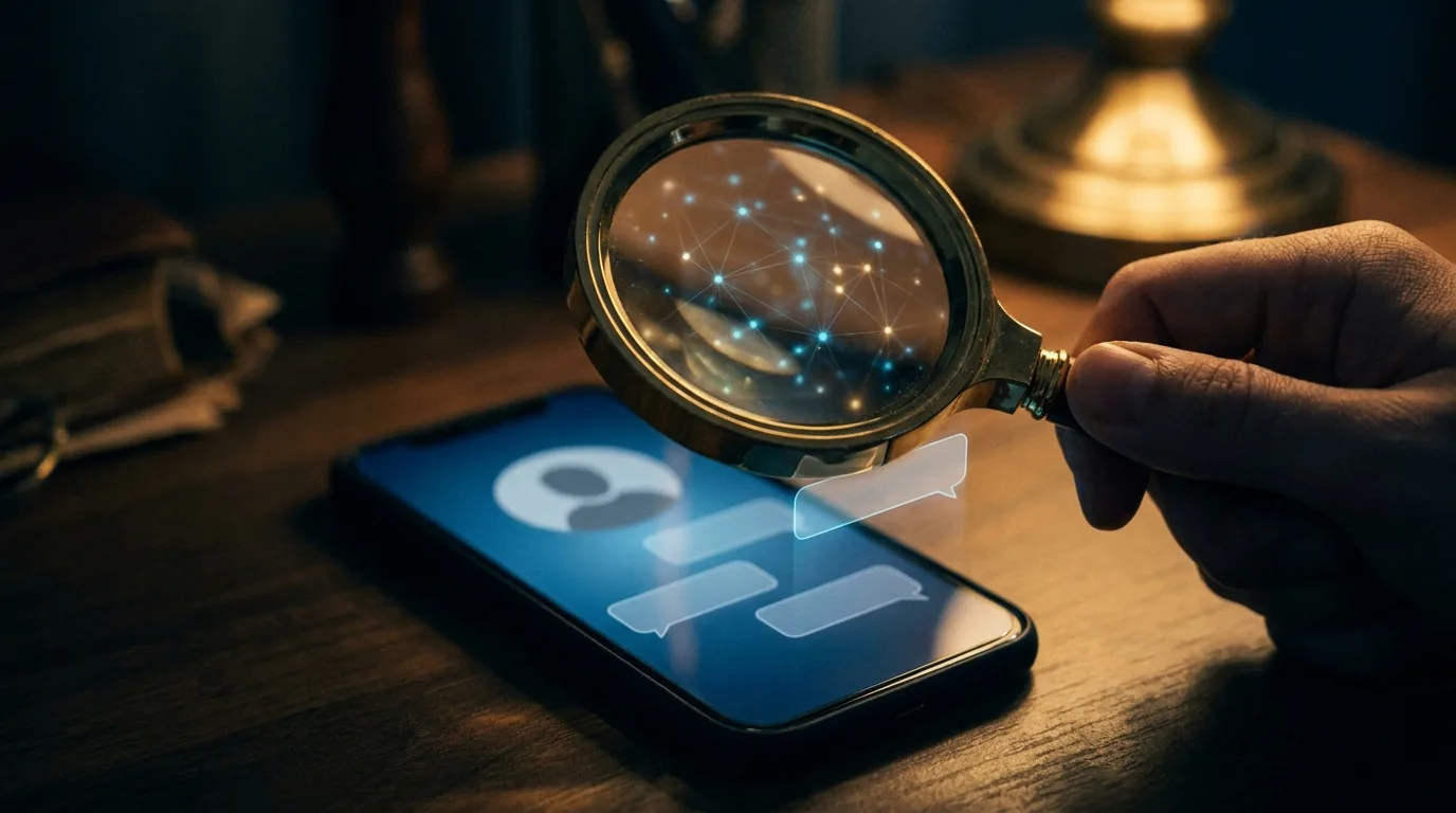 A phone showing an anonymous faceless profile under a magnifying glass revealing a network of connected dots, representing lawfully unmasking an anonymous online account