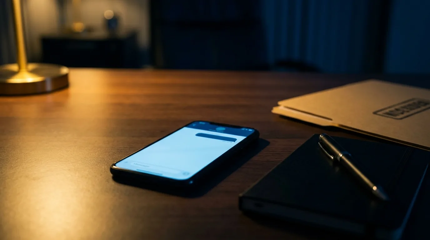A phone showing a blank chat screen beside a notepad on a dark desk at the start of a confidential case