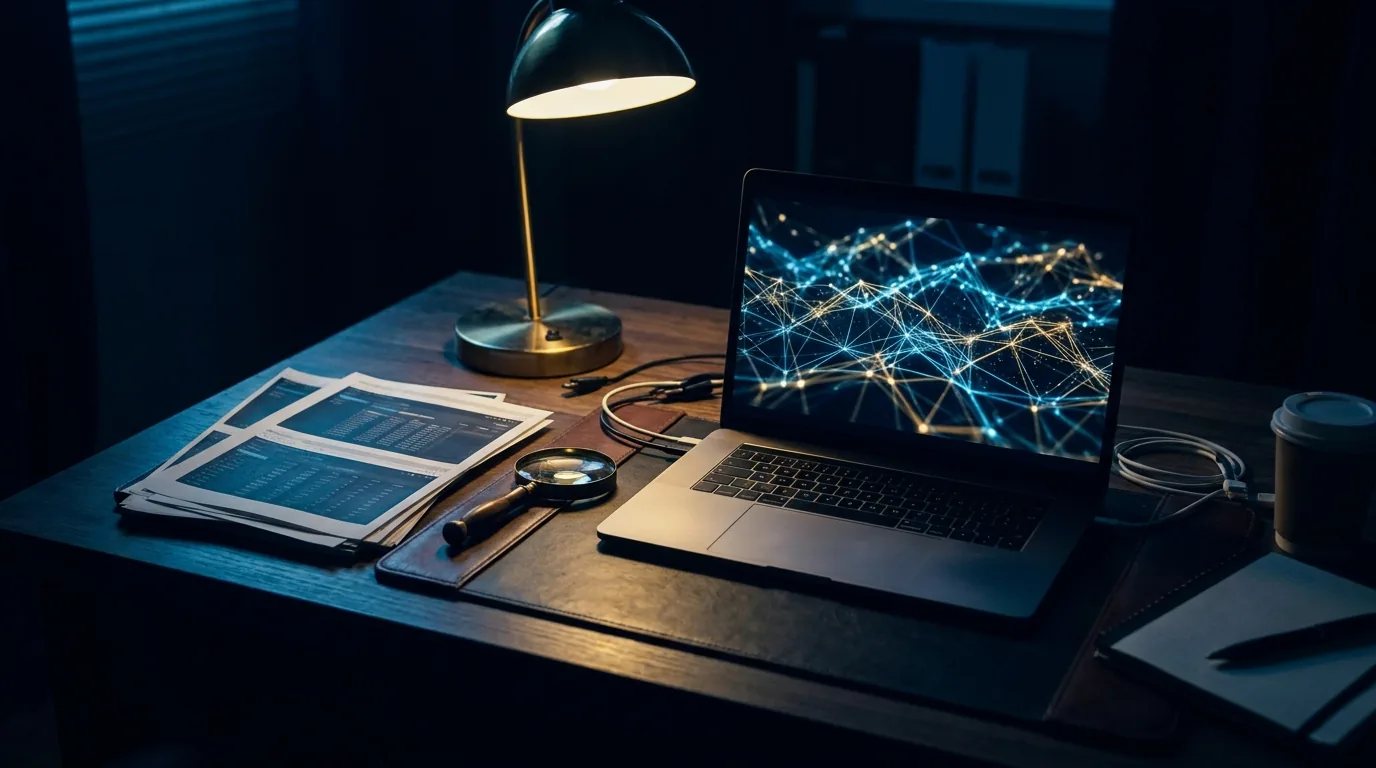 A laptop showing a network link-analysis diagram beside printed screenshots, representing lawful OSINT and digital tracing