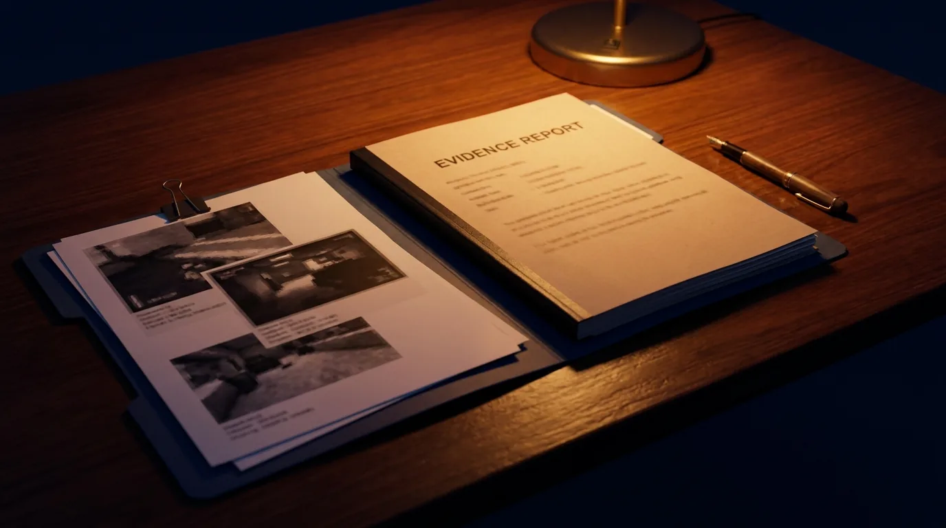 A bound evidence report with screenshot pages paperclipped, representing court-ready digital evidence and next steps