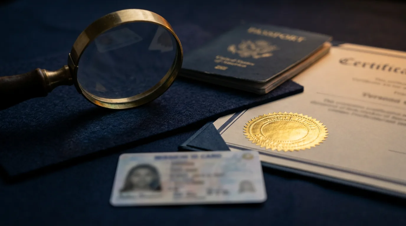A passport, ID card and a sealed certificate under a magnifying glass on dark felt, representing identity and credential verification