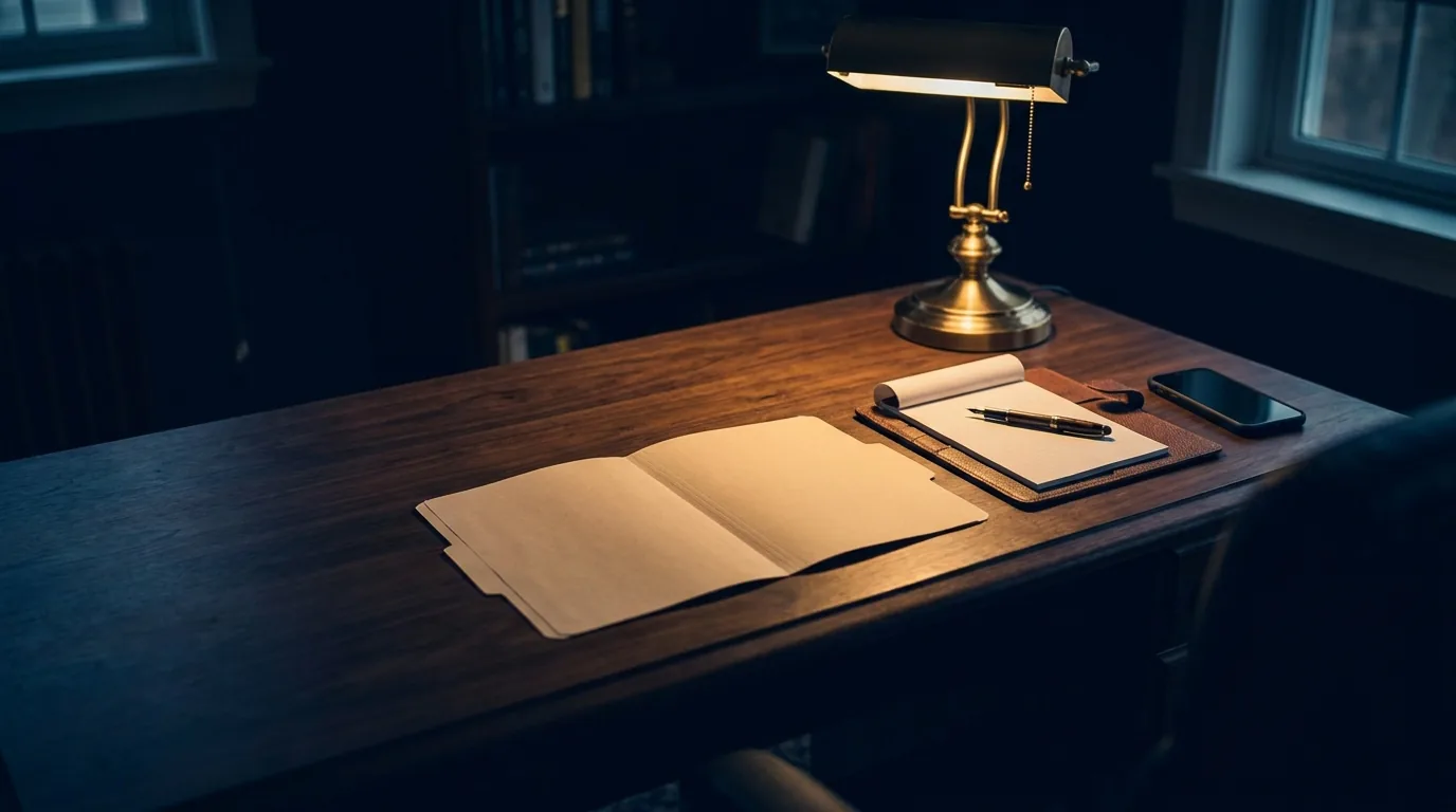 A dark desk with a folder, notepad and pen at the briefing of a hiring role