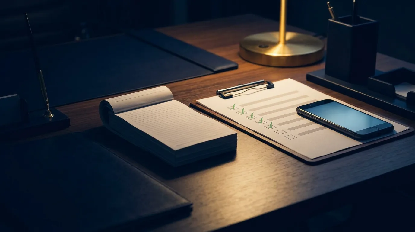 Reference letters and a checklist with green ticks beside a phone, representing lawful verification of a candidate