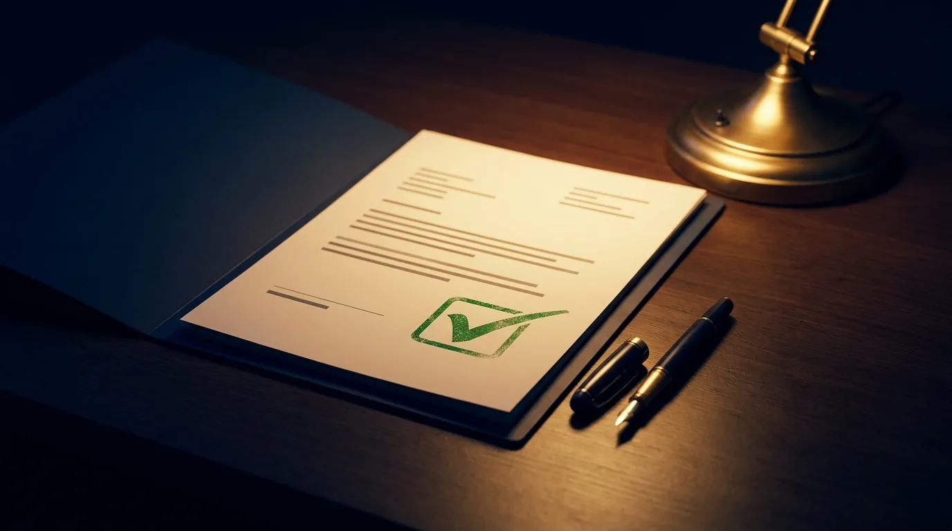 A concise screening report in a folder with an approval tick on a dark desk