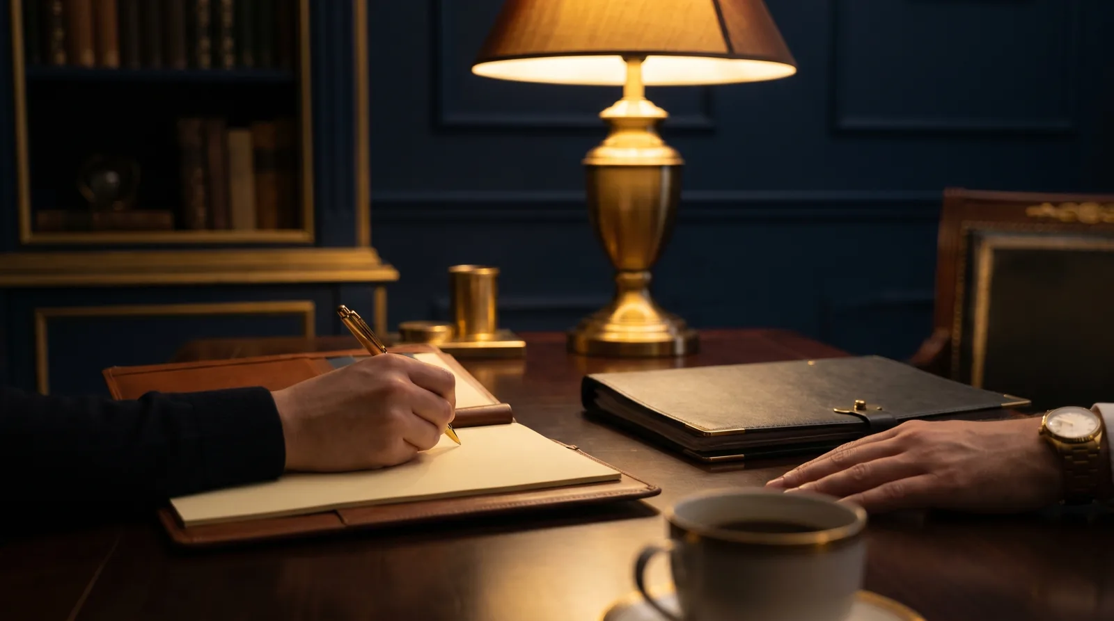 Confidential first consultation, hands across a desk taking notes beside a closed case file
