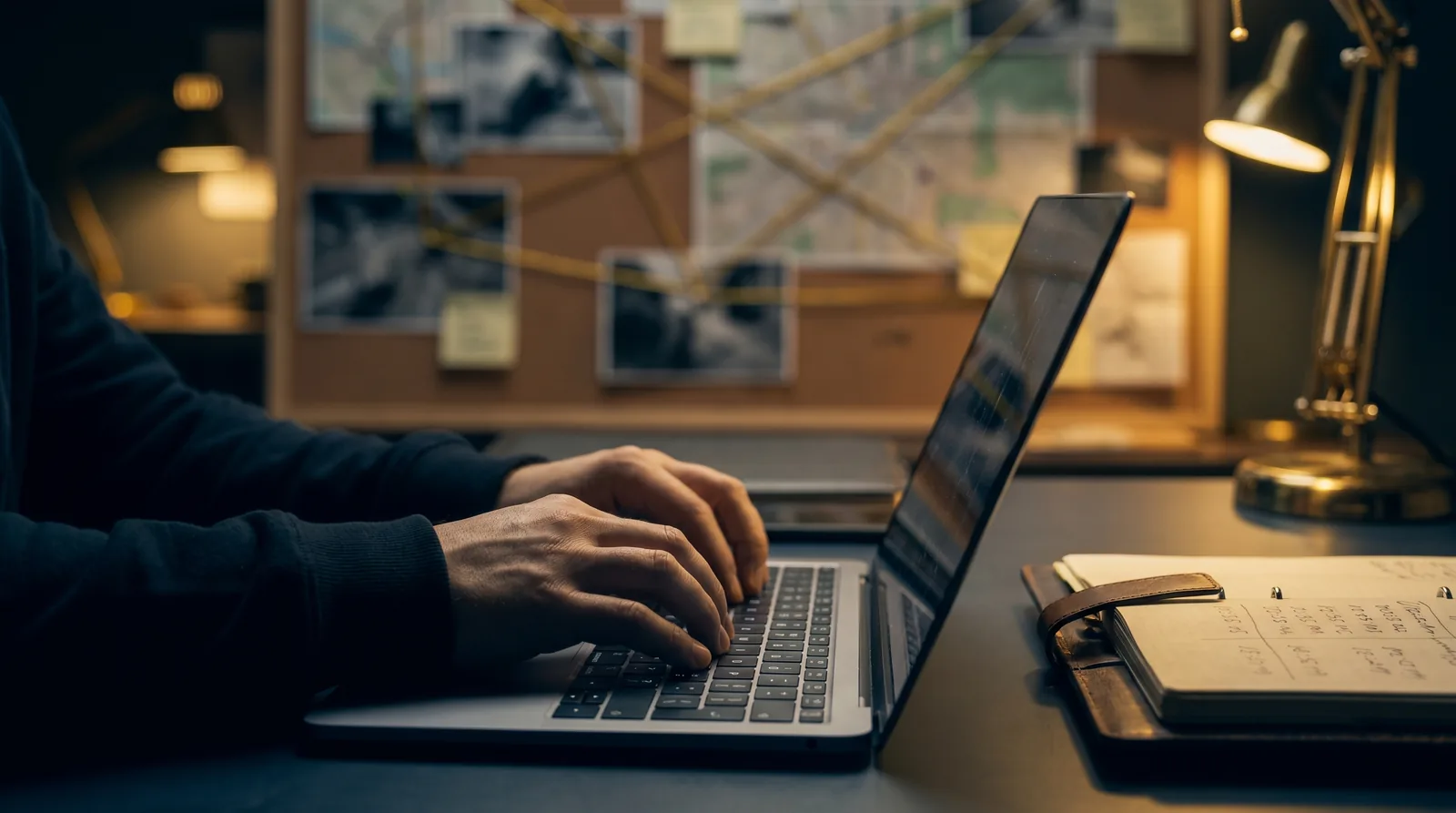 Investigator working a case at a laptop beside a board of pinned photos and leads