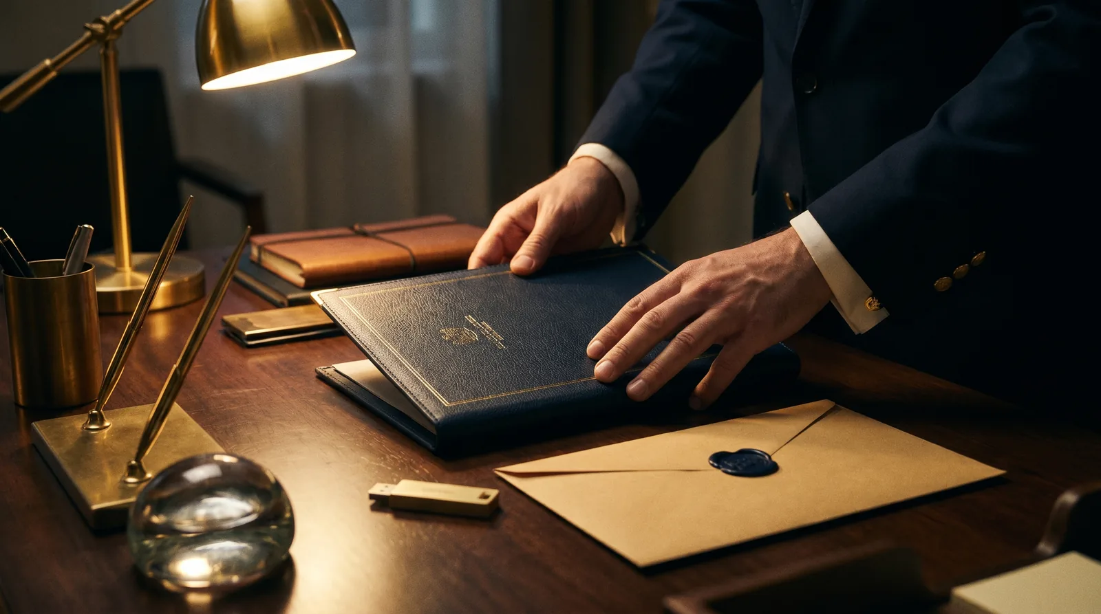 Bound investigation report beside a sealed evidence envelope