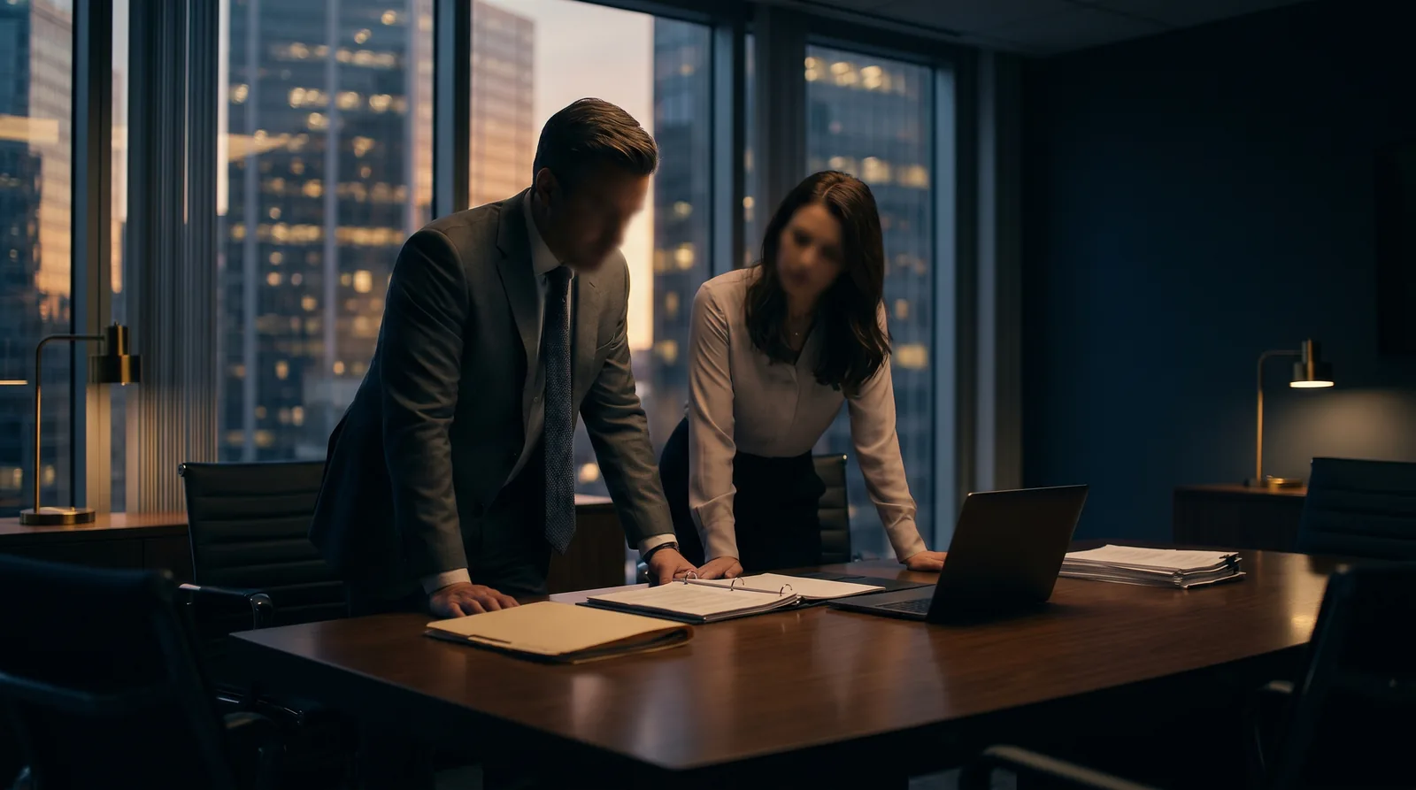Independent investigator and HR manager reviewing a confidential workplace misconduct case file in a darkened office