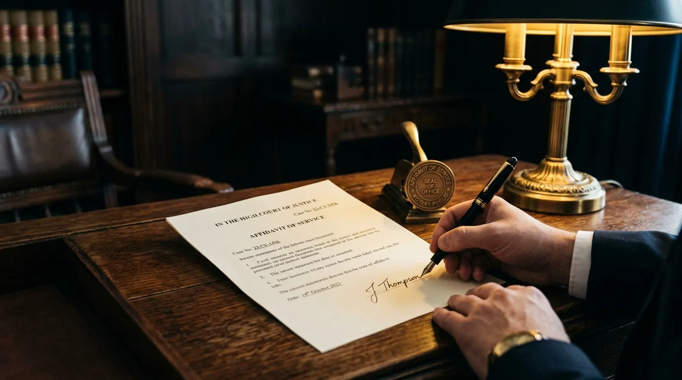 An affidavit of service being signed with a pen beside an official seal