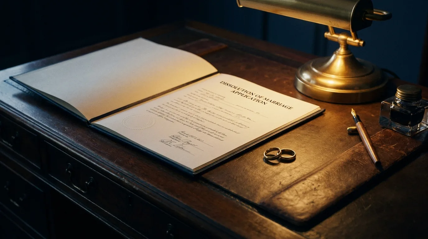 A dissolution of marriage application document on a dark desk beside two separated gold wedding rings under warm lamp light