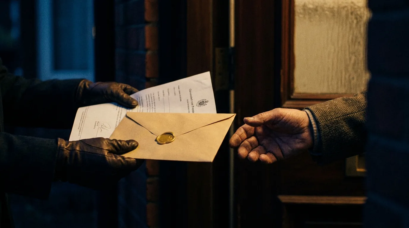 A process server handing legal documents to a recipient at a front door