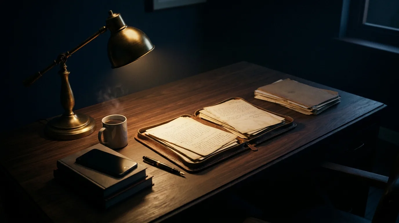 A dark desk with an open case folder, pen, phone and coffee at the opening of a new skip-trace file