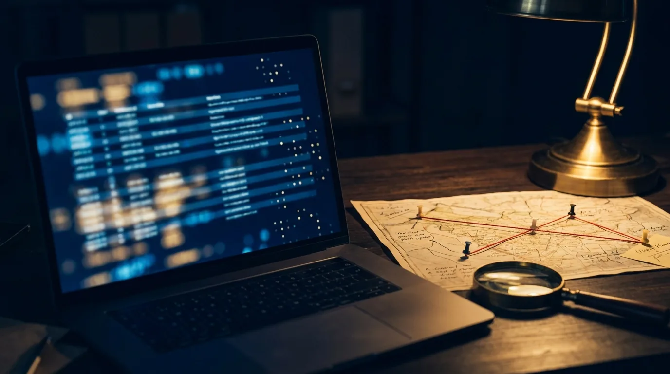 A laptop showing database records beside a map with pinned locations and a magnifier, representing database research and field verification