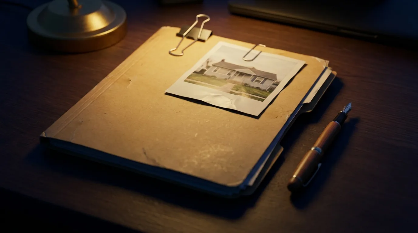 A finished verified report in a folder with a photograph of a house paperclipped to it