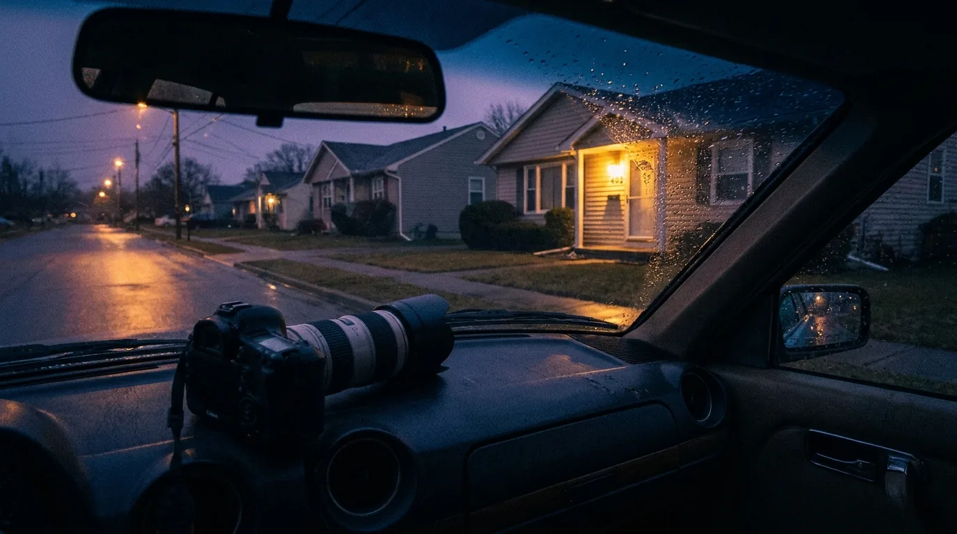 View from a parked car at dusk toward a lit suburban house with a long-lens camera on the dashboard, representing on-the-ground address verification