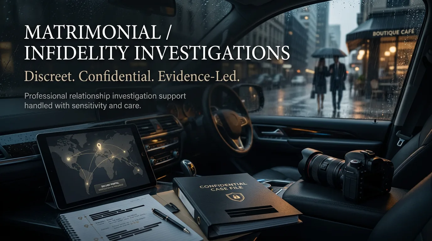 Discreet evening surveillance representing a confidential infidelity investigation