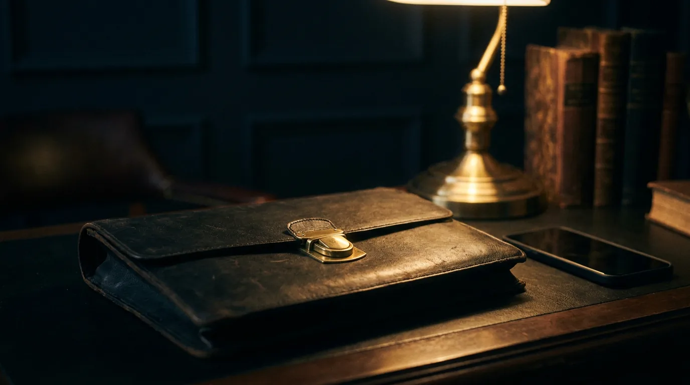 A closed confidential file with a brass clasp beside a phone face-down on a dark desk, representing strict confidentiality