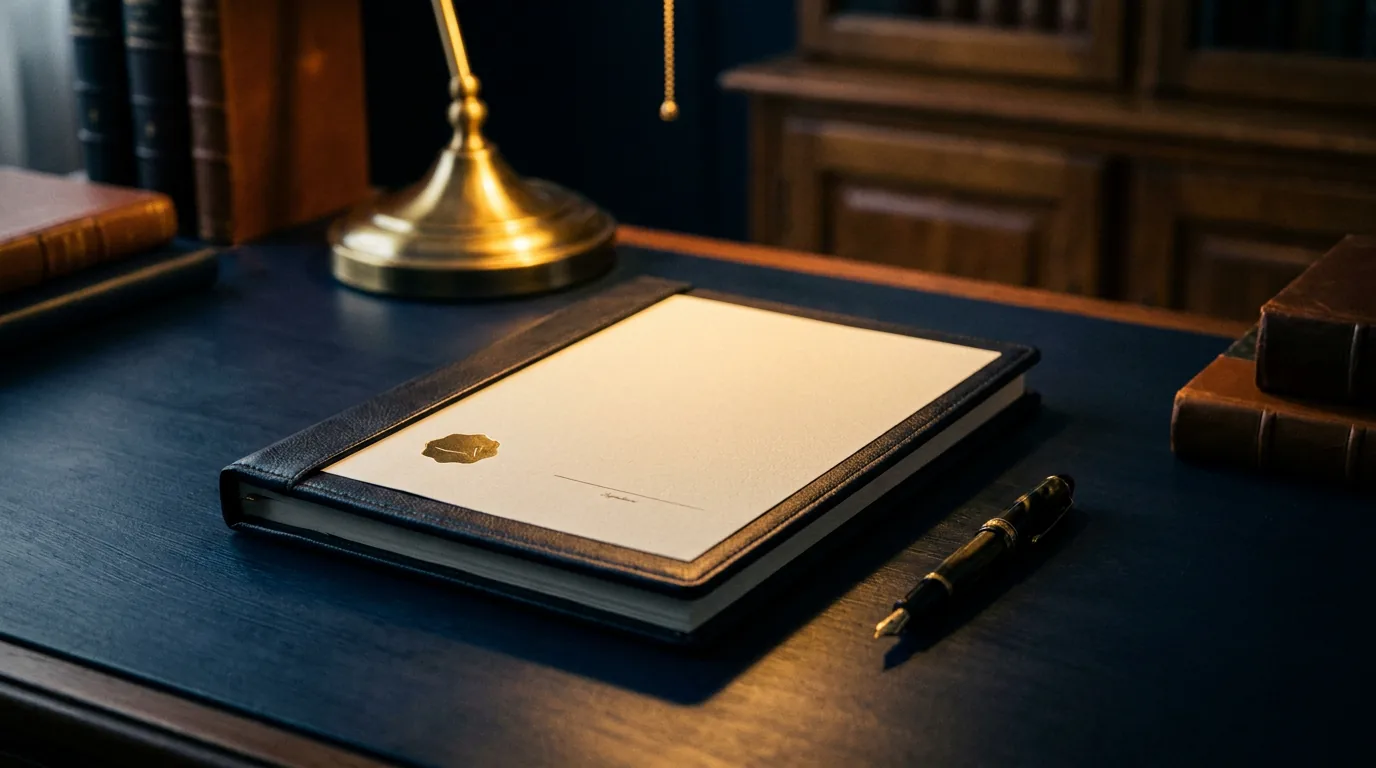 A bound findings report with an embossed seal on a dark desk, representing court- and ERA-ready documentation