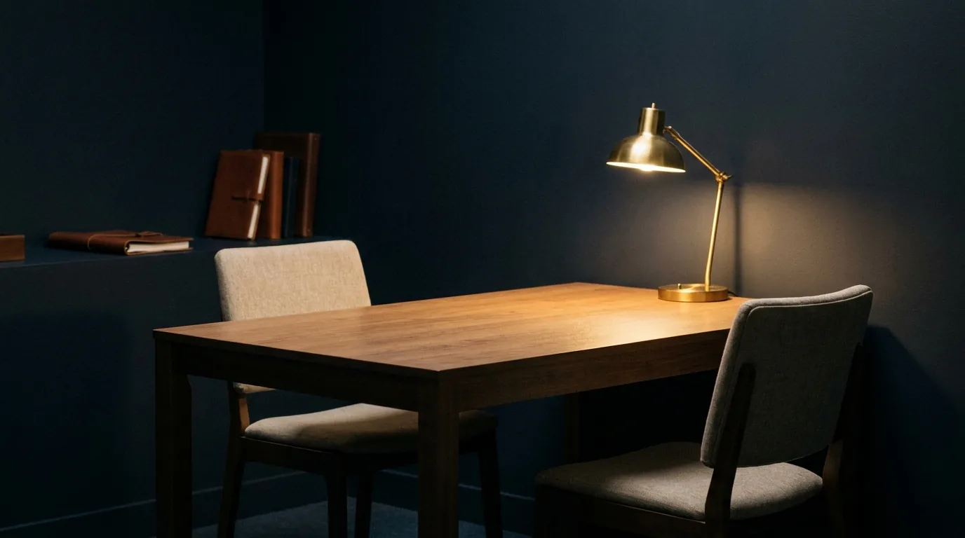 An empty interview room with two chairs facing each other, representing a fair two-sided workplace investigation