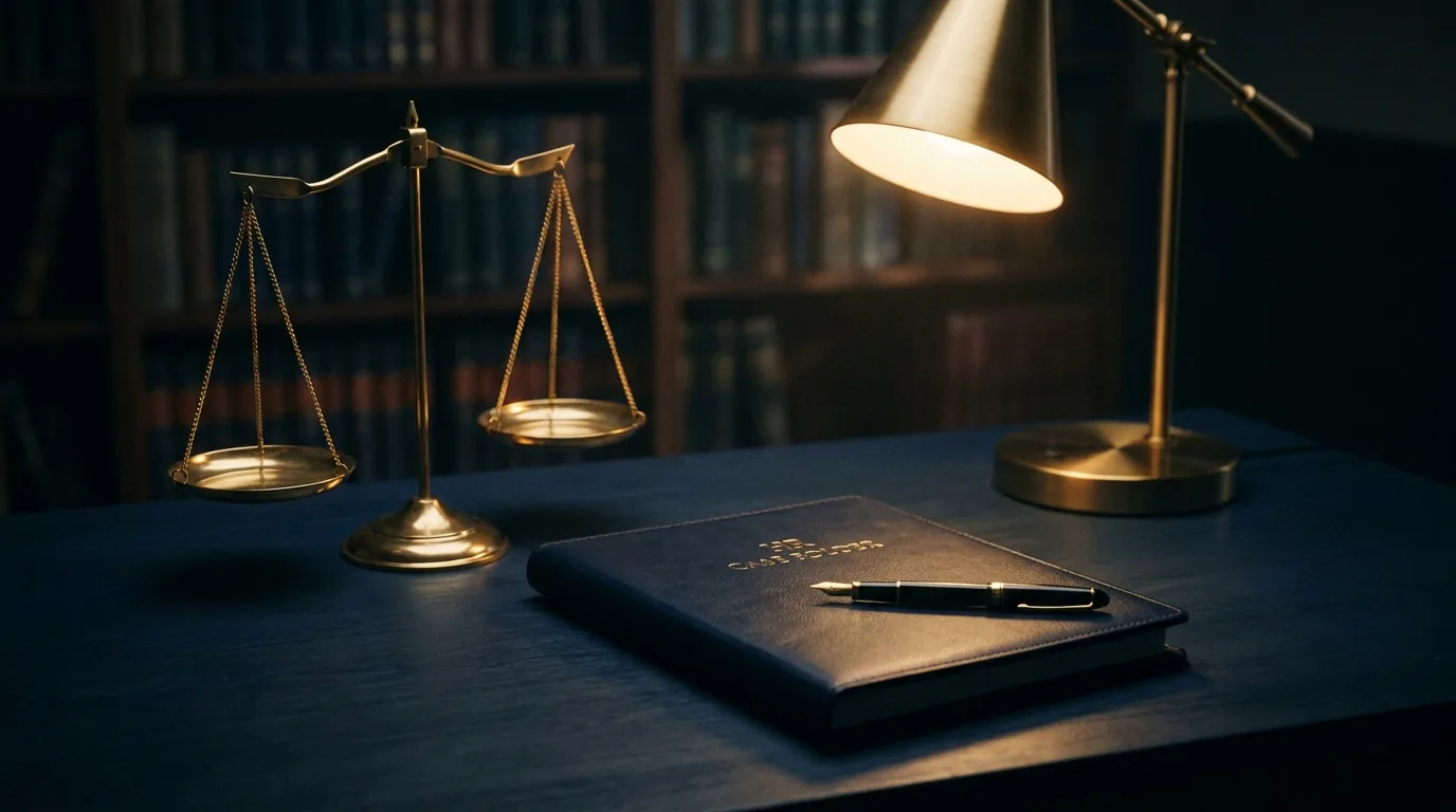 A set of brass balance scales beside a closed HR case file on a dark desk under a brass lamp, representing an impartial independent workplace investigation