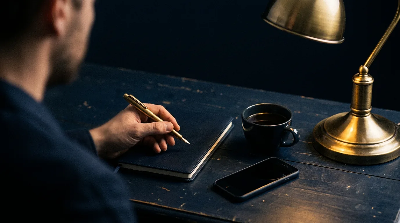 A notepad, pen, coffee and phone on a dark desk at the start of a confidential conversation