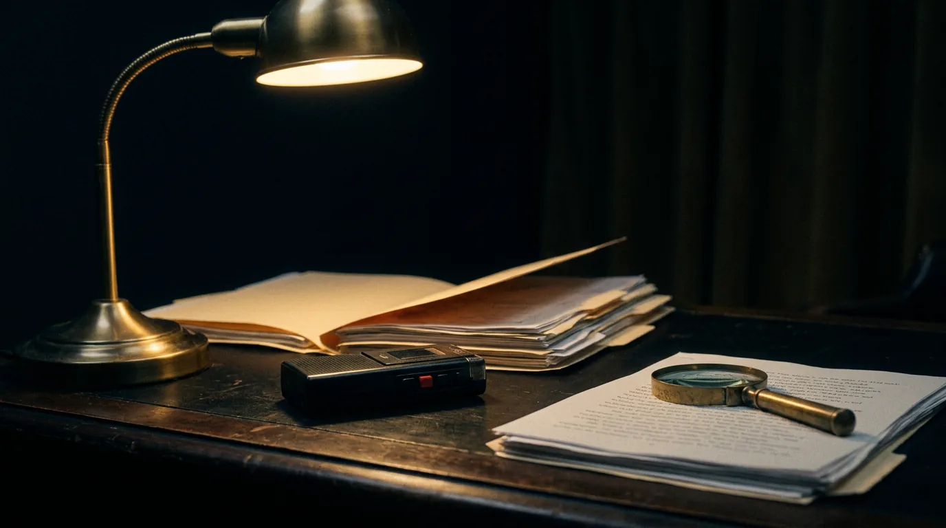 An investigator's desk with document files, a voice recorder and a magnifier, representing thorough lawful evidence gathering