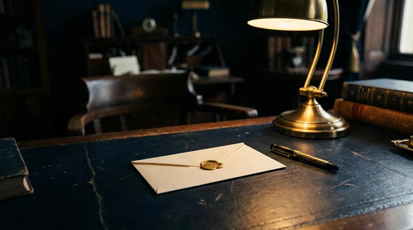 A finished findings report sealed in an envelope beside a pen on a dark desk